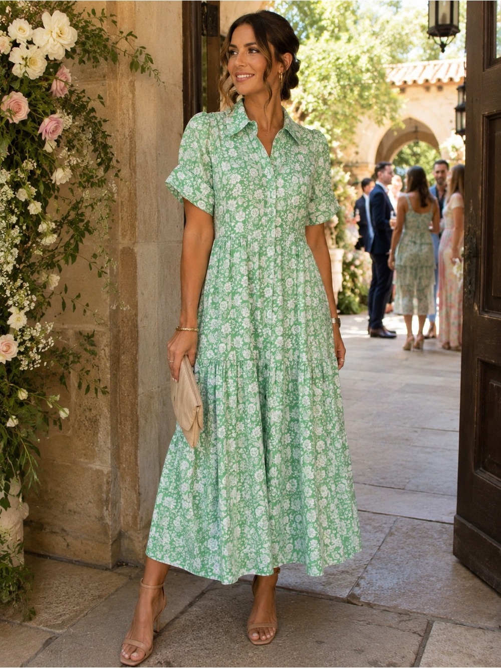 Lovely crown & ivy Light Green Floral Midi Shirt Dress Cotton with pockets XS
